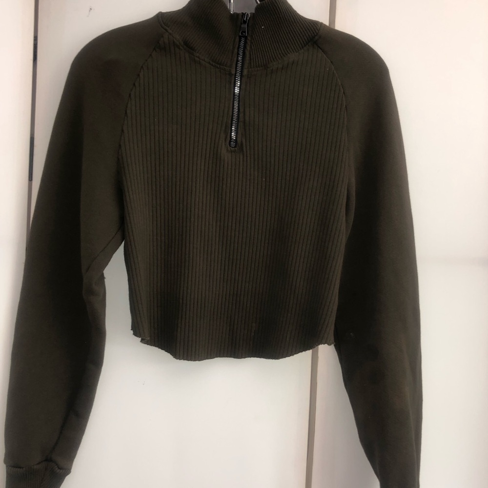Cotton Citizen Olive Ribbed Half-Zip Cropped Sweatshirt